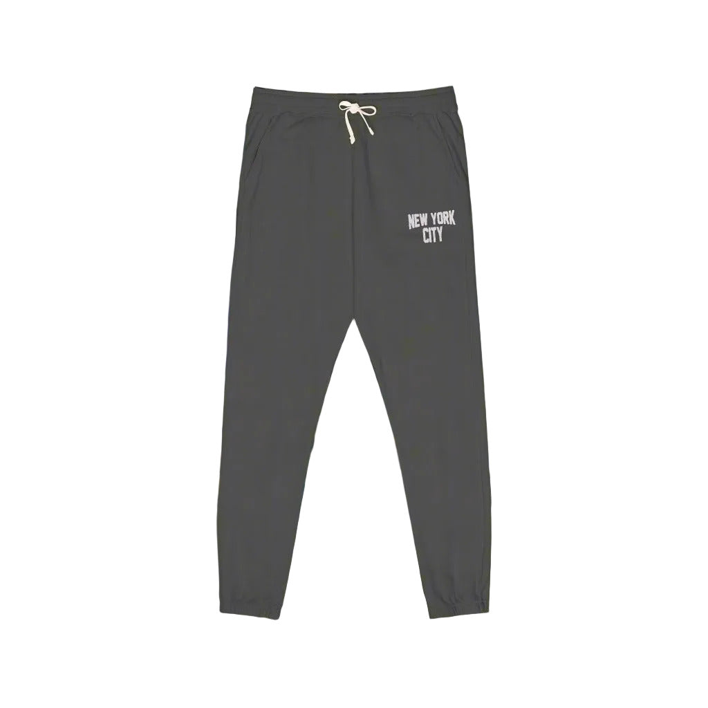 Dark gray sweatpants with 'New York City' text on a white background